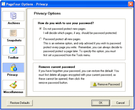 Privacy and Password Options