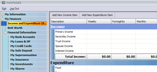 My Income and Expenditure Screen