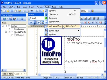 InfoPro Screenshot with Advanced Search Selection